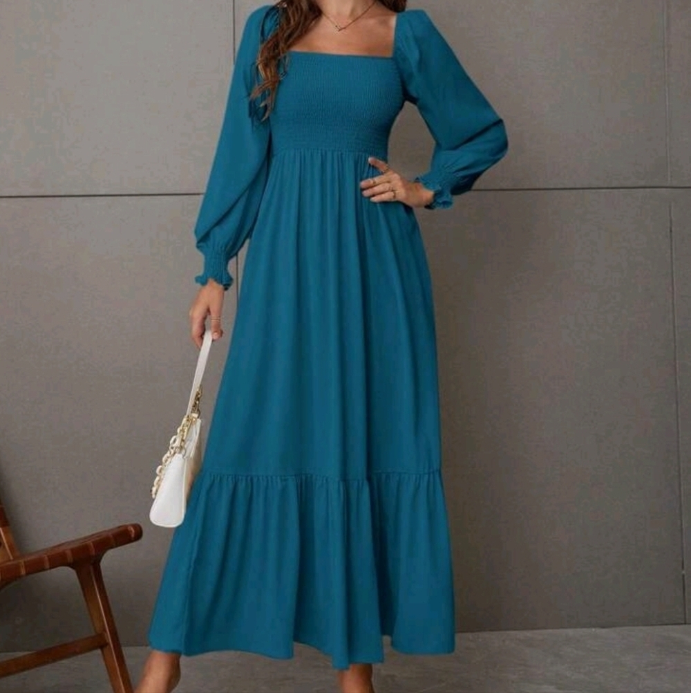 Square-Neck Smocked Maxi Dress in Teal - Women